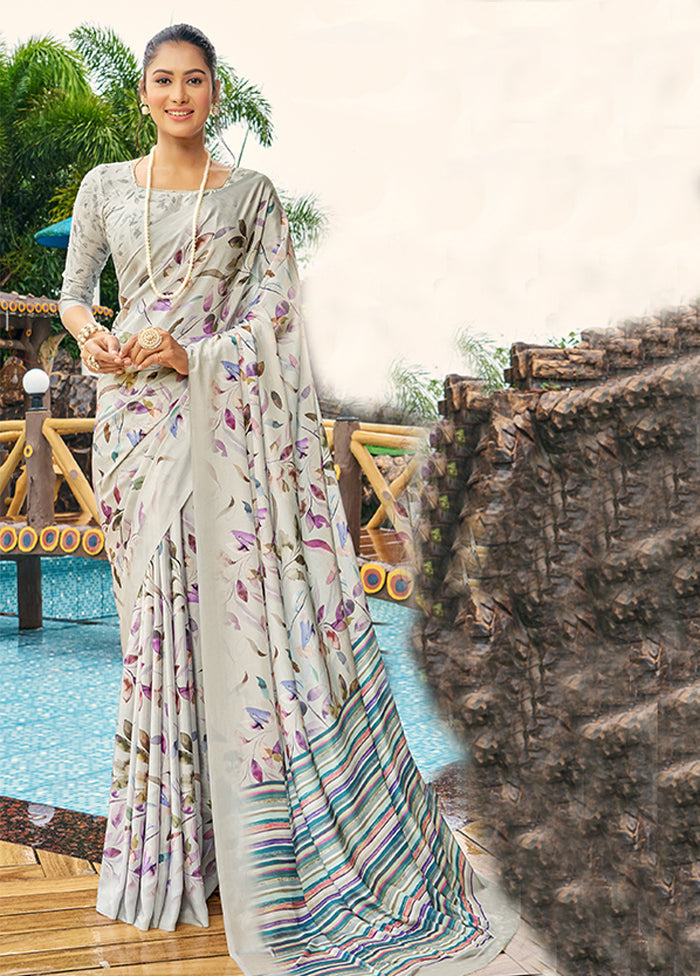 Grey Crepe Silk Saree With Blouse Piece Cheap Sale For Cheap