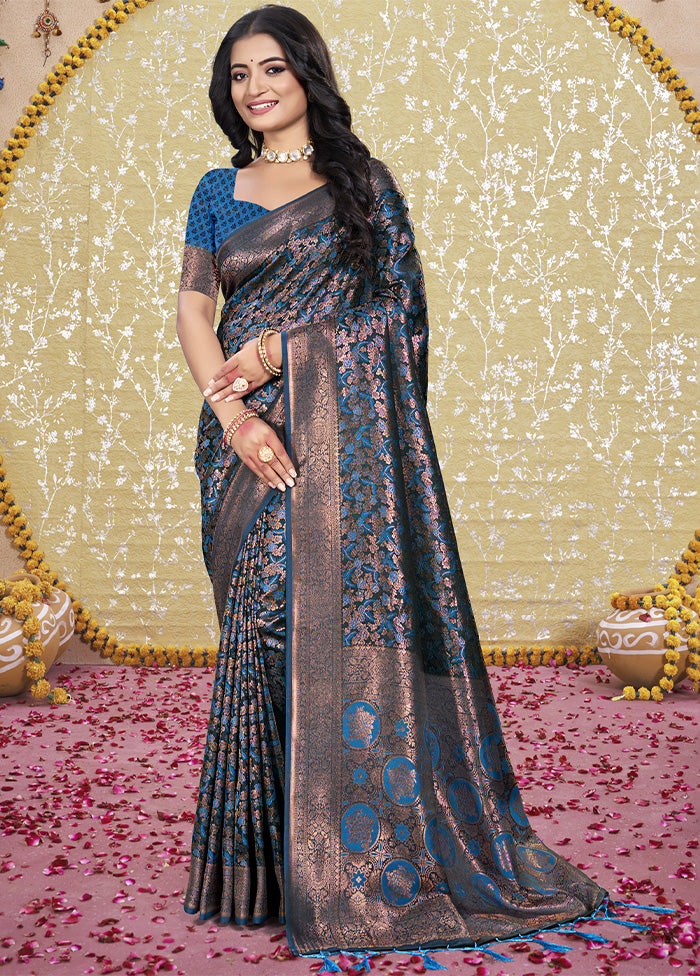 Blue Spun Silk Saree With Blouse Piece Latest Collections