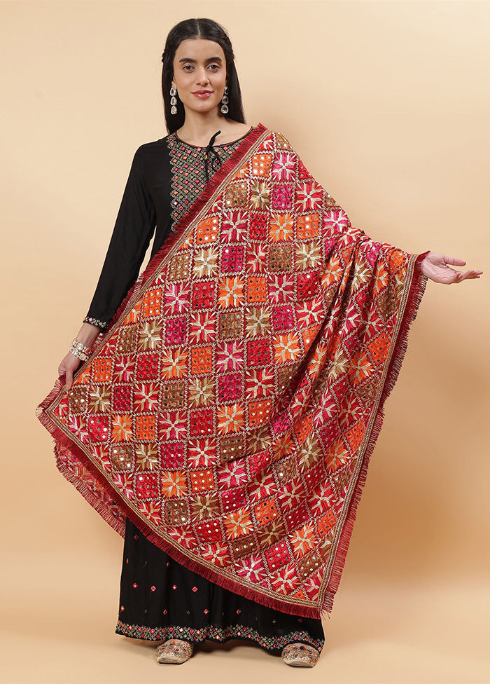 Maroon Chinon Phulkari Work Dupatta Best Place To Buy Online