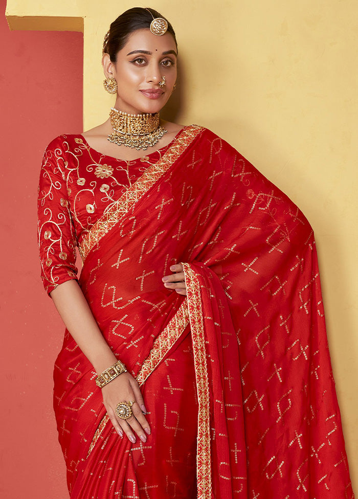 Red Chiffon Silk Saree With Blouse Piece View Cheap Online