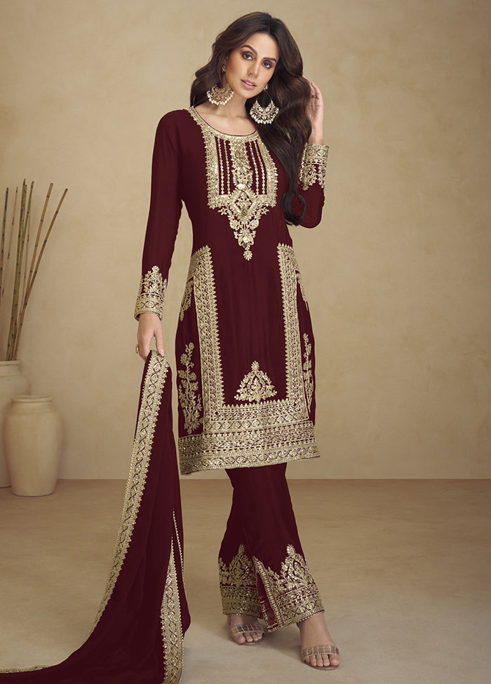 3 Pc Maroon Semi Stitched Georgette Suit Set Cheap Pice Original