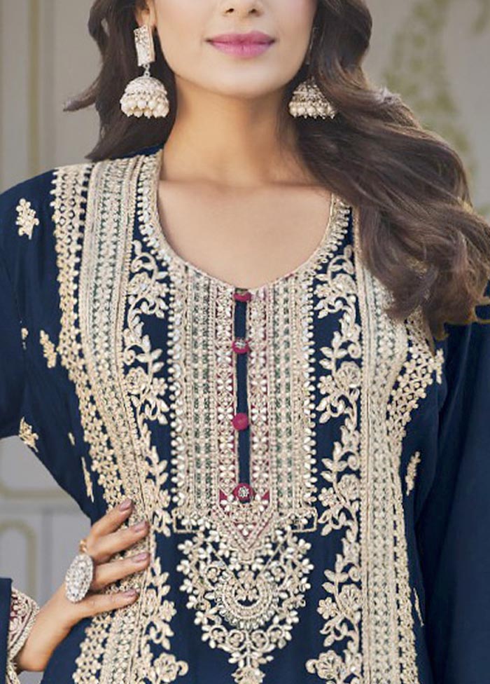 3 Pc Navy Blue Semi Stitched Silk Suit Set Cheap Pice Top Quality