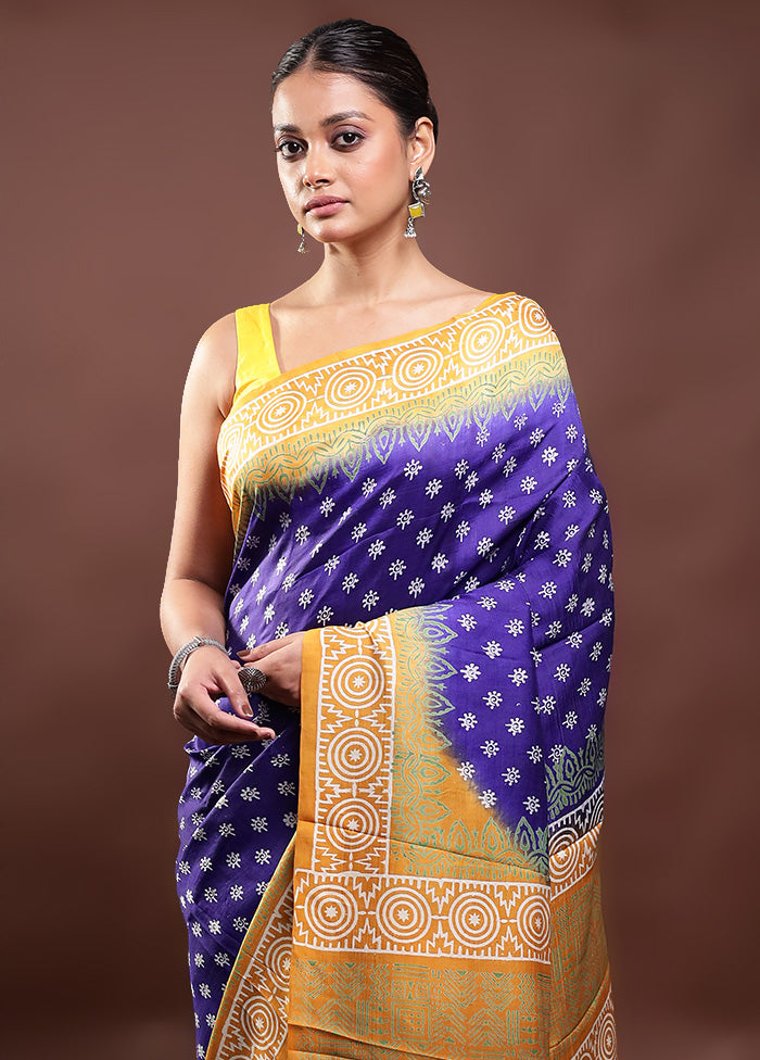 Blue Printed Pure Silk Saree Without Blouse Piece Cheap Sale Exclusive