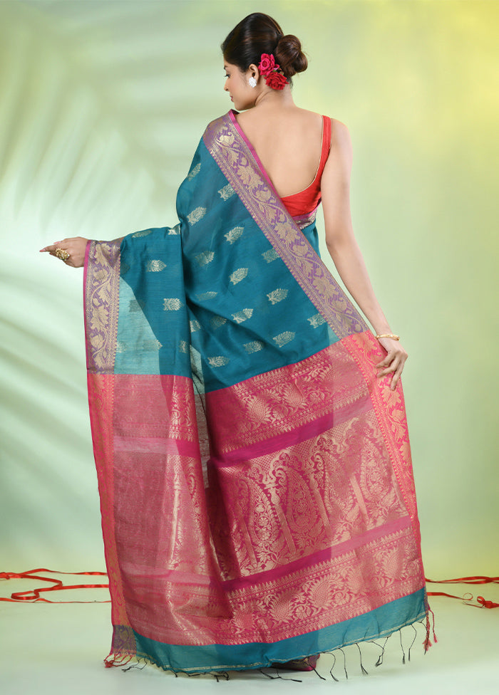 Teal Pure Cotton Saree With Blouse Piece Outlet Collections