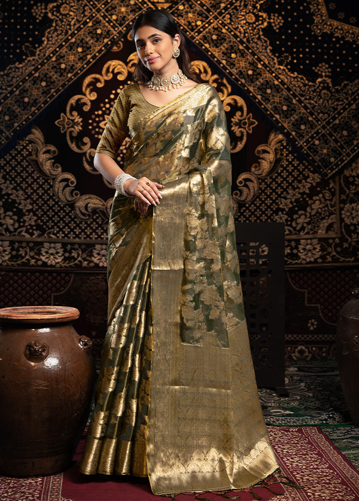 Grey Banarasi Silk Saree With Blouse Piece Outlet Low Shipping Fee