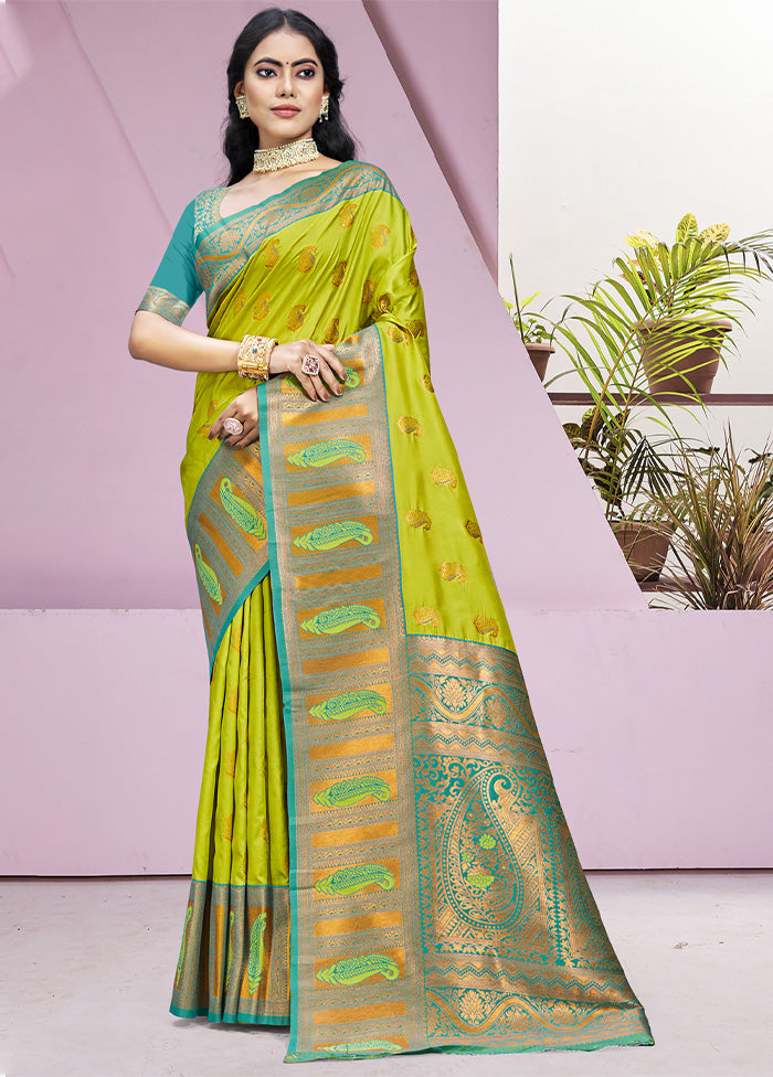 Parrot Green Dupion Silk Saree With Blouse Piece Clearance Pices