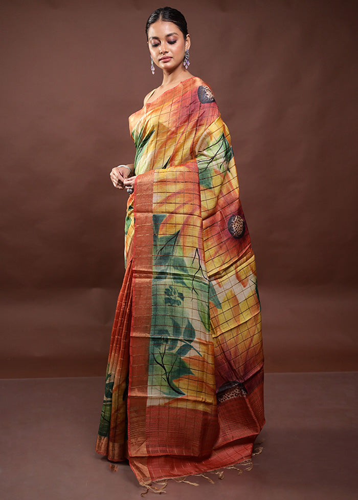 Multicolor Handloom Tussar Pure Silk Saree With Blouse Piece Cheap Finishline