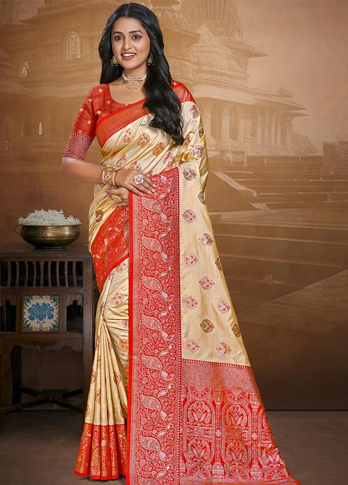 Beige Dupion Silk Saree With Blouse Piece Discount For Nice