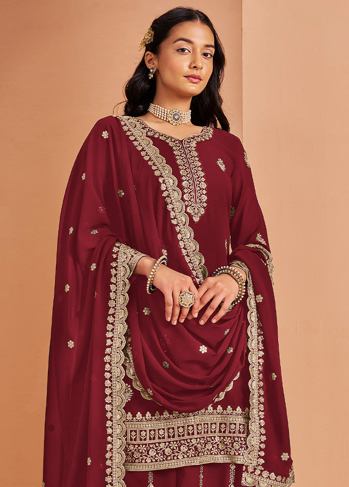 3 Pc Maroon Semi Stitched Georgette Suit Set Amazon Footaction