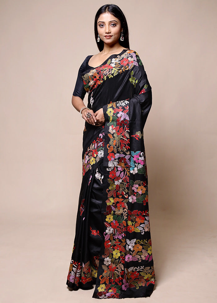 Black Handloom Kantha Stitch Pure Silk Saree With Blouse Piece Cheap Sale Geniue Stockist