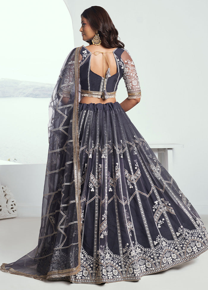 3 Pc Dark Grey Net Semi Stitched Lehenga Set Cheap Sale Big Discount