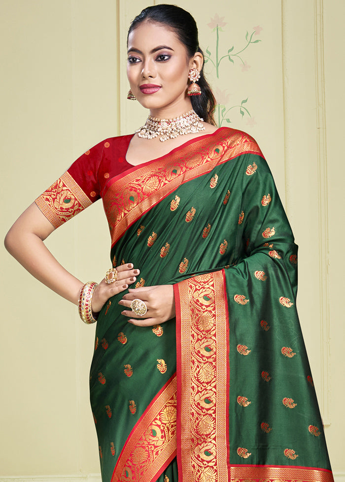 Bottle Green Dupion Silk Saree With Blouse Piece Sale For Cheap