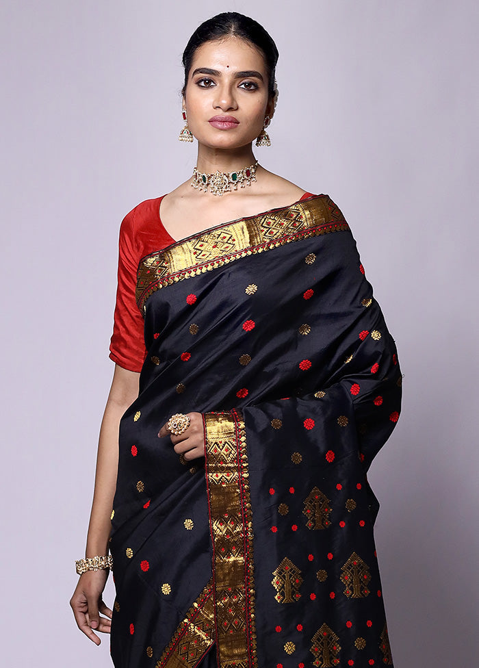 Black Handloom Assam Pure Silk Saree With Blouse Piece Free Shipping For Sale