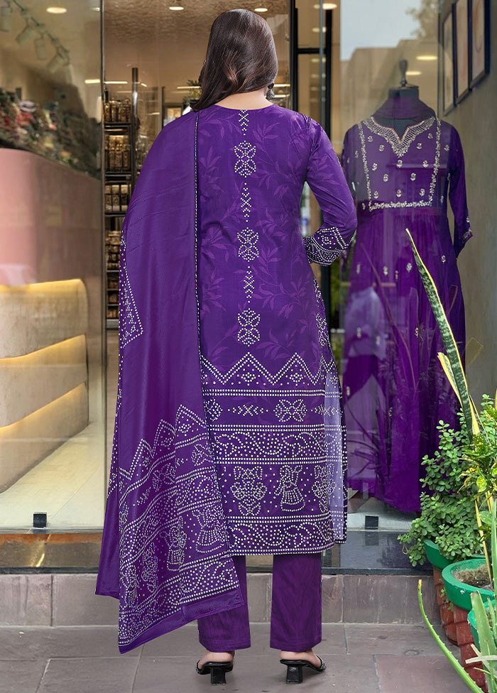 3 Pc Purple Readymade Silk Dupatta Suit Set Cheap Fake