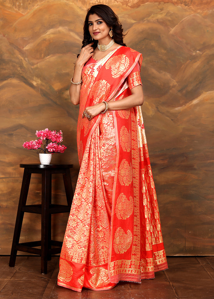 Orange Dupion Silk Saree With Blouse Piece Free Shipping 100% Guaranteed