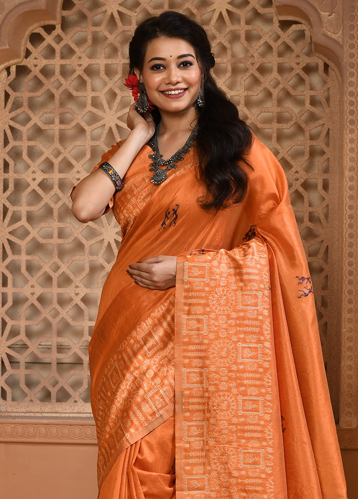 Orange Spun Silk Saree With Blouse Piece Outlet Locations Cheap Pice