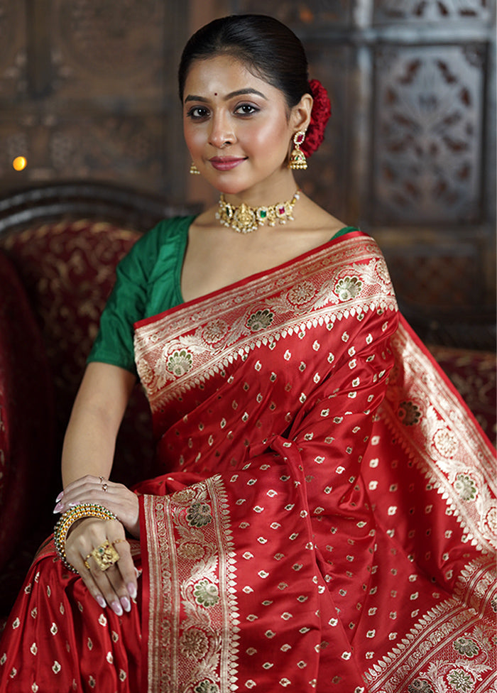 Red Handloom Banarasi Pure Silk Saree With Blouse Piece Excellent