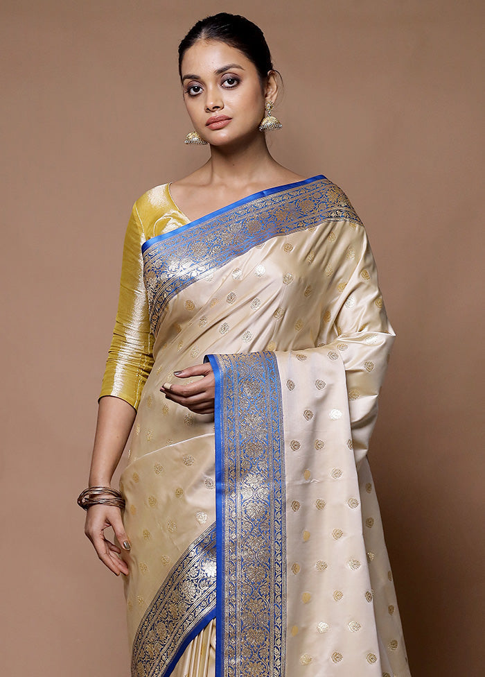 Cream Banarasi Silk Saree With Blouse Piece Authentic For Sale