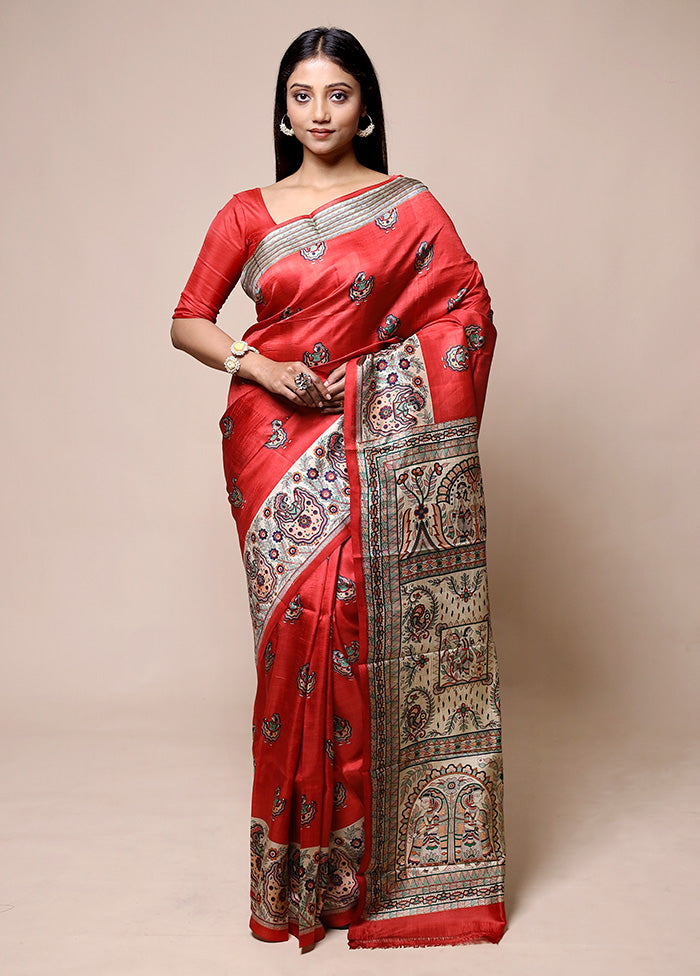 Red Printed Pure Silk Saree Without Blouse Piece Online Shop From China