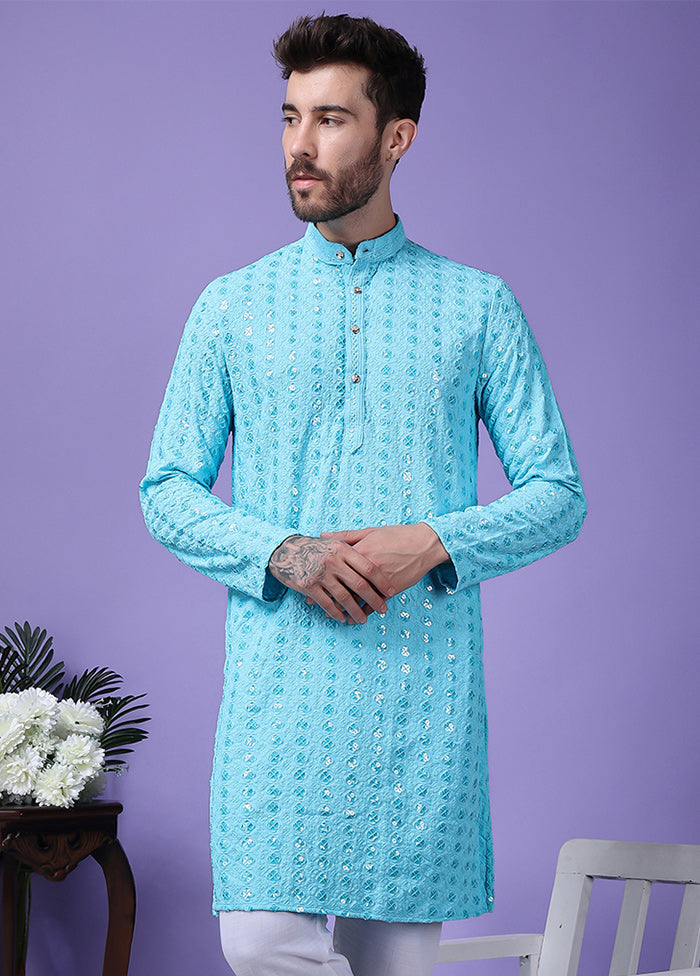 2 Pc Sky Blue Silk Kurta Pajama Set With Mastercard