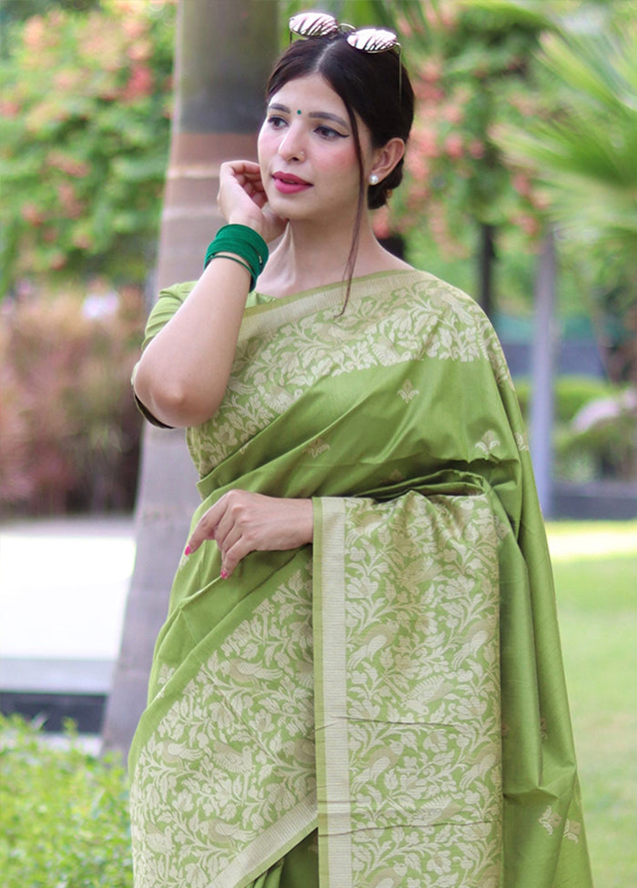 Mehendi Spun Silk Saree With Blouse Piece Clearance Pre Order