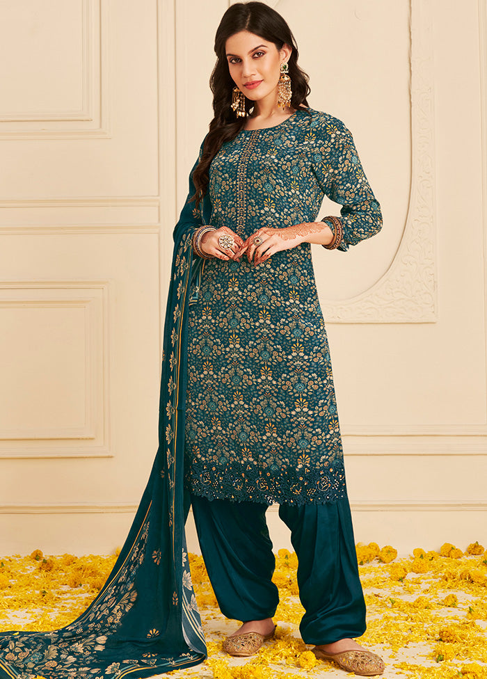 3 Pc Navy Blue Unstitched Pure Silk Suit Set Buy Cheap Latest