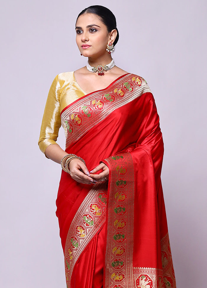 Red Handloom Banarasi Pure Silk Saree With Blouse Piece Pay With Visa For Sale