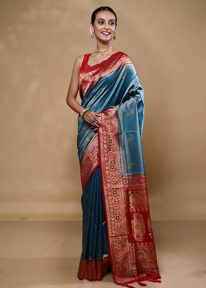 Blue Dupion Silk Saree With Blouse Piece Clearance Store Cheap Online