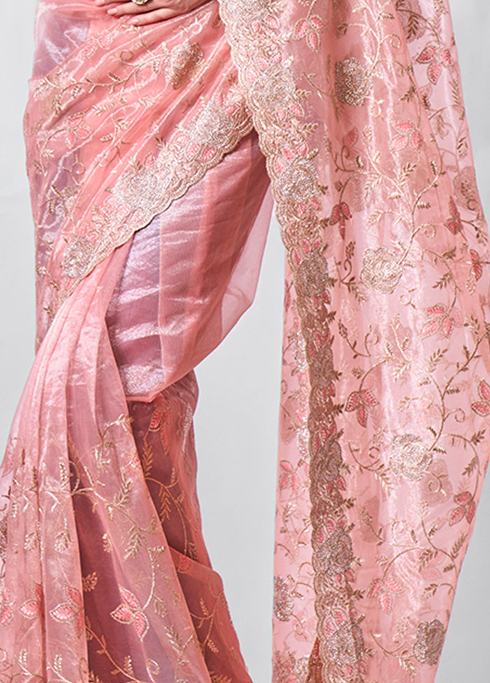 Peach Net Saree With Blouse Piece Outlet Lowest Pice