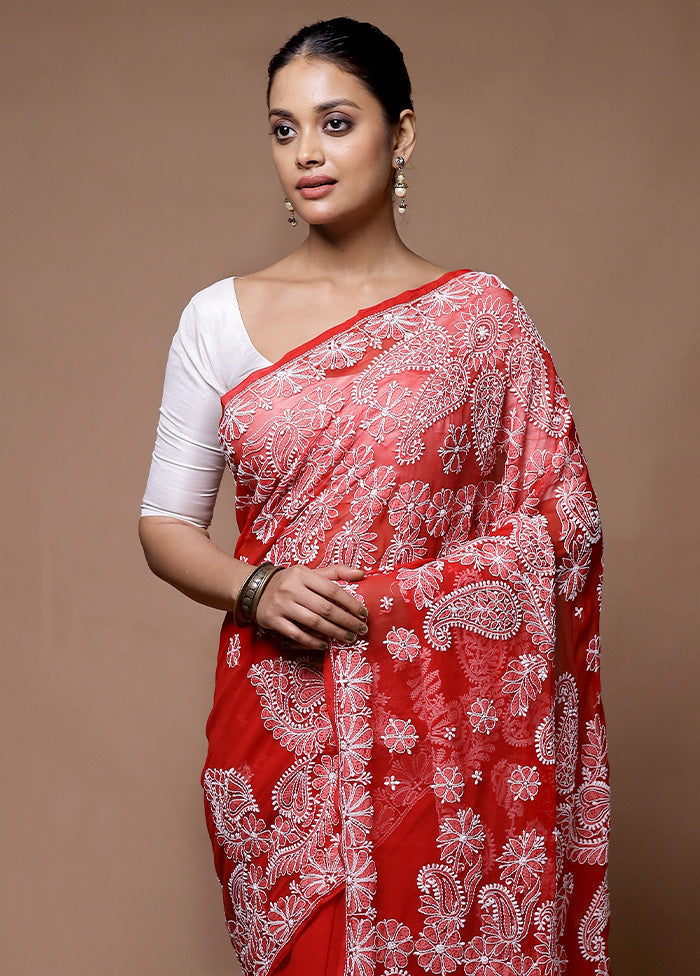 Red Handloom Pure Cotton Saree With Blouse Piece Enjoy Cheap Online