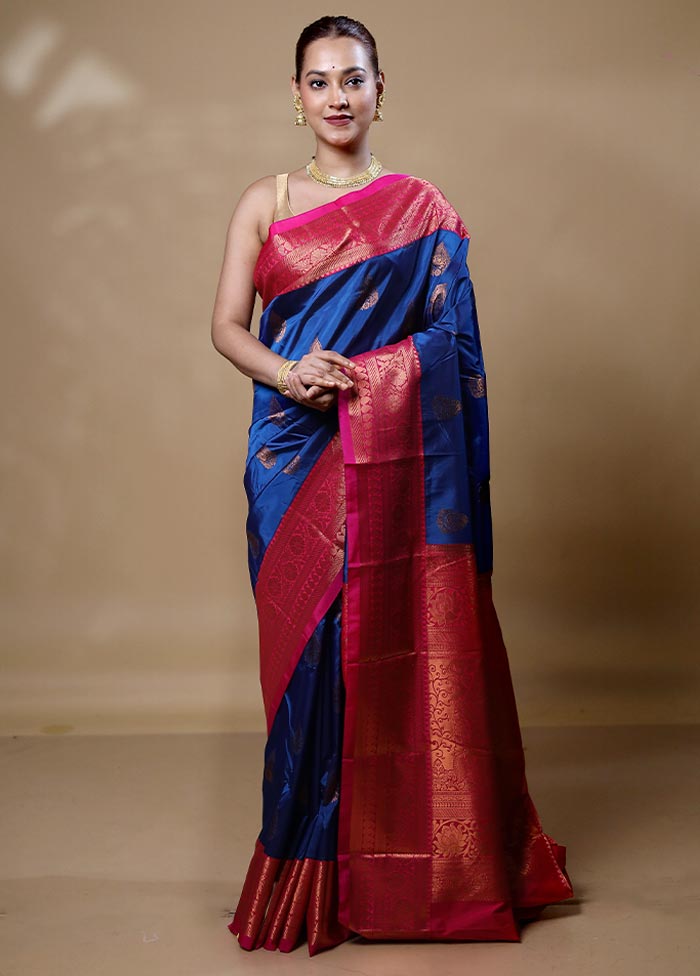 Blue Kanjivaram Silk Saree With Blouse Piece Discount Largest Supplier