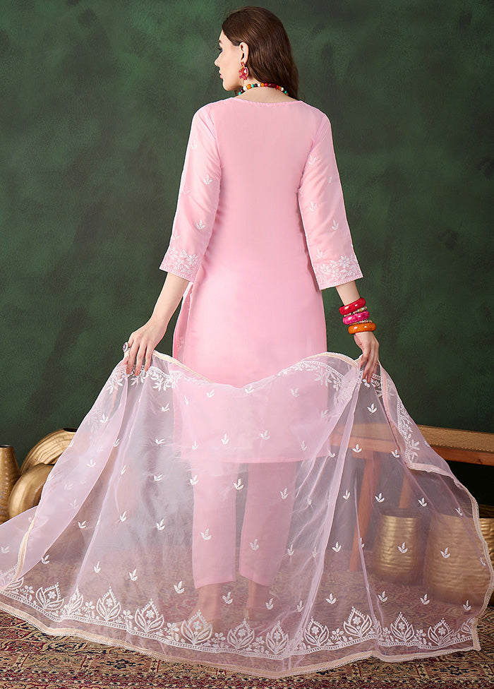 3 Pc Baby Pink Readymade Silk Dupatta Suit Set Sale For Nice