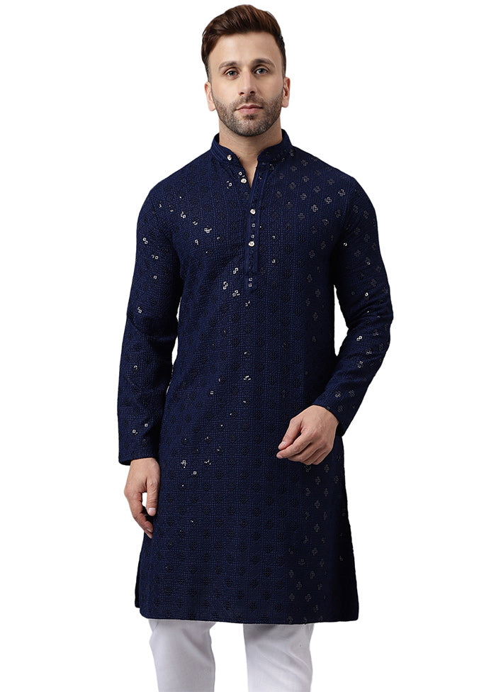 Navy Blue Silk Embroidered Kurta Discount Best