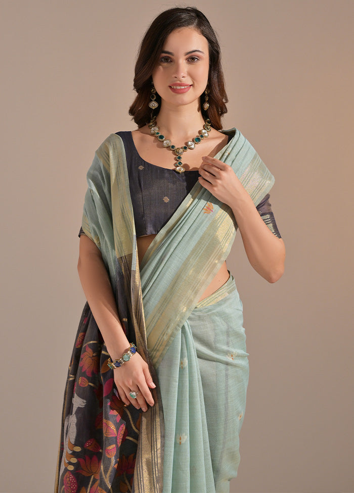 Sea Green Pure Cotton Saree With Blouse Piece Discount Outlet Store