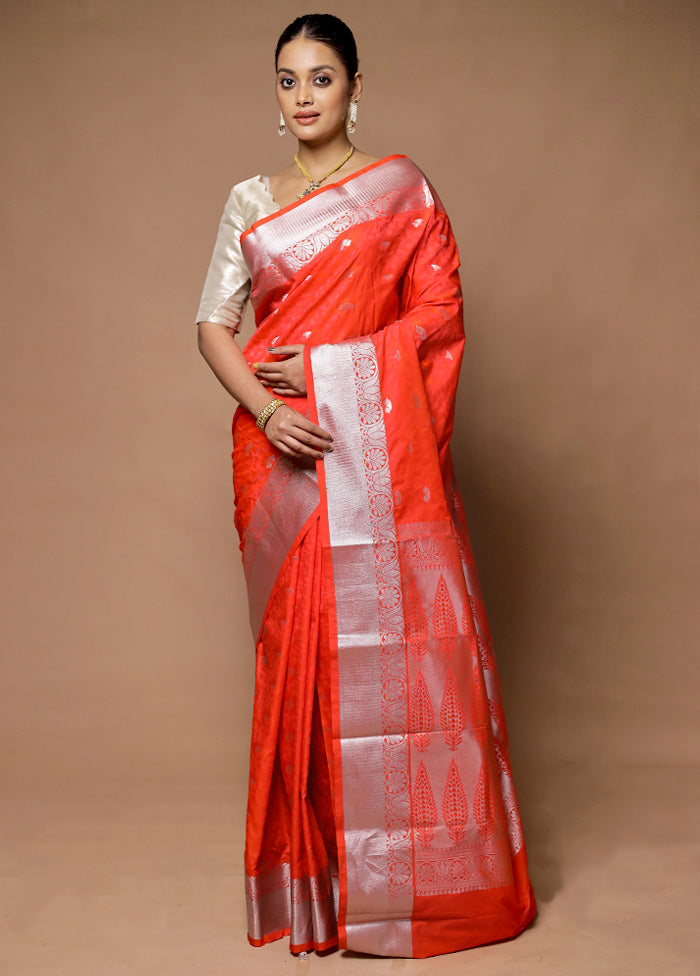 Orange Kanjivaram Silk Saree With Blouse Piece Discounts Sale Online