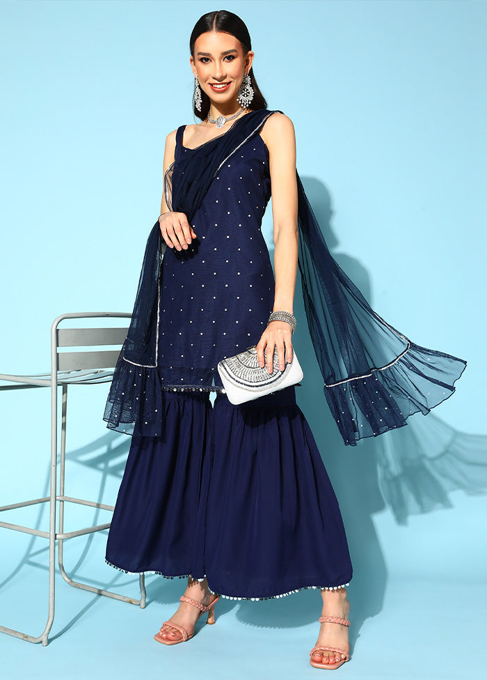 3 Pc Navy Blue Readymade Silk Dupatta Suit Set Cheap Sale Finishline