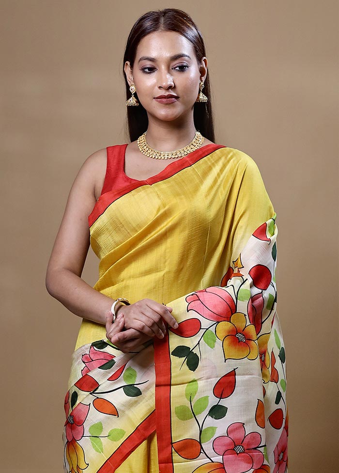 Yellow Printed Pure Silk Saree Without Blouse Piece Sale Wiki