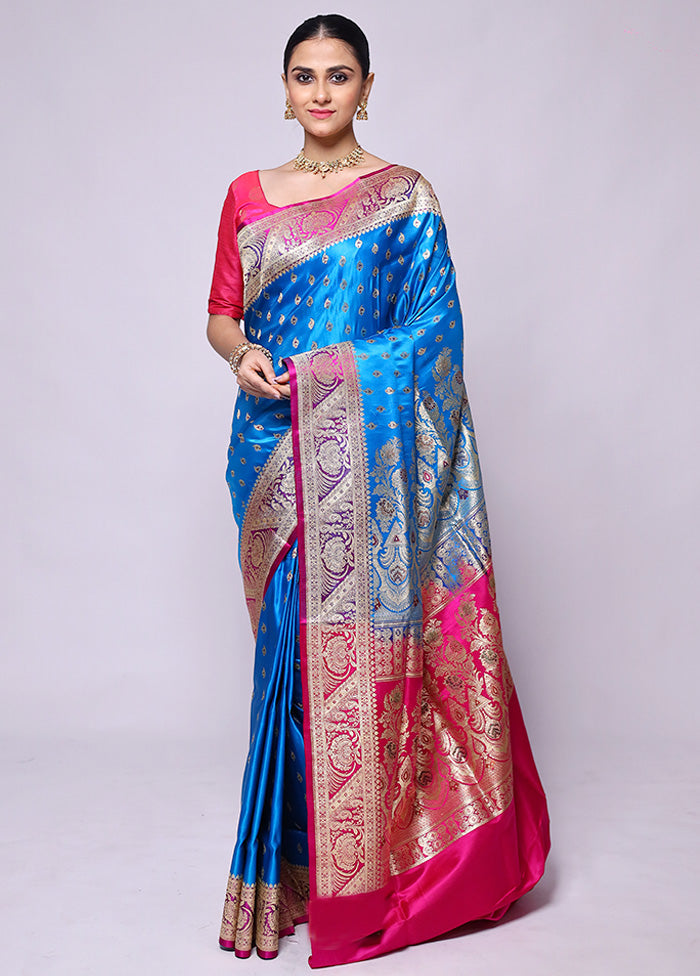 Blue Handloom Banarasi Pure Silk Saree With Blouse Piece Fast Delivery Online