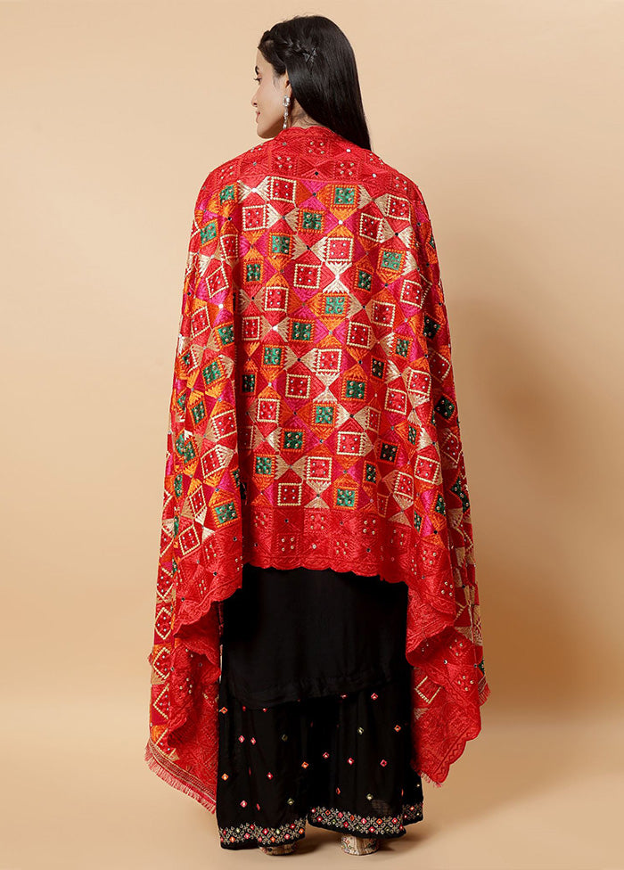 Red Chinon Phulkari Work Dupatta Free Shipping New Styles