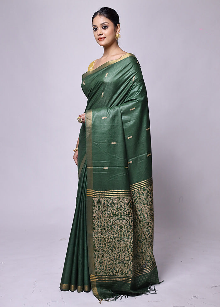 Green Handloom Tussar Pure Silk Saree With Blouse Piece Free Shipping Online