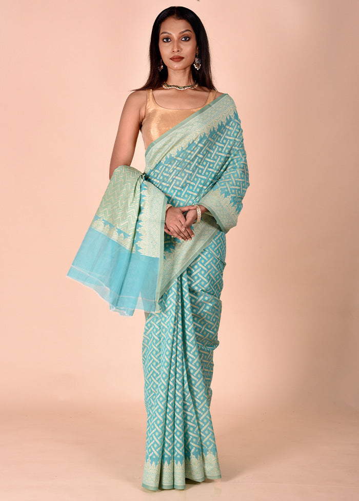 Sky blue Kora Silk Saree With Blouse Piece Cheap Hot Sale