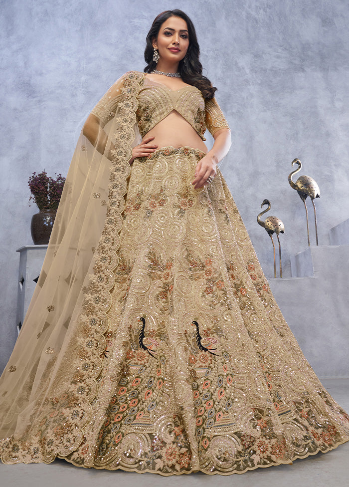 3 Pc Golden Net Semi Stitched Lehenga Set Sale Great Deals