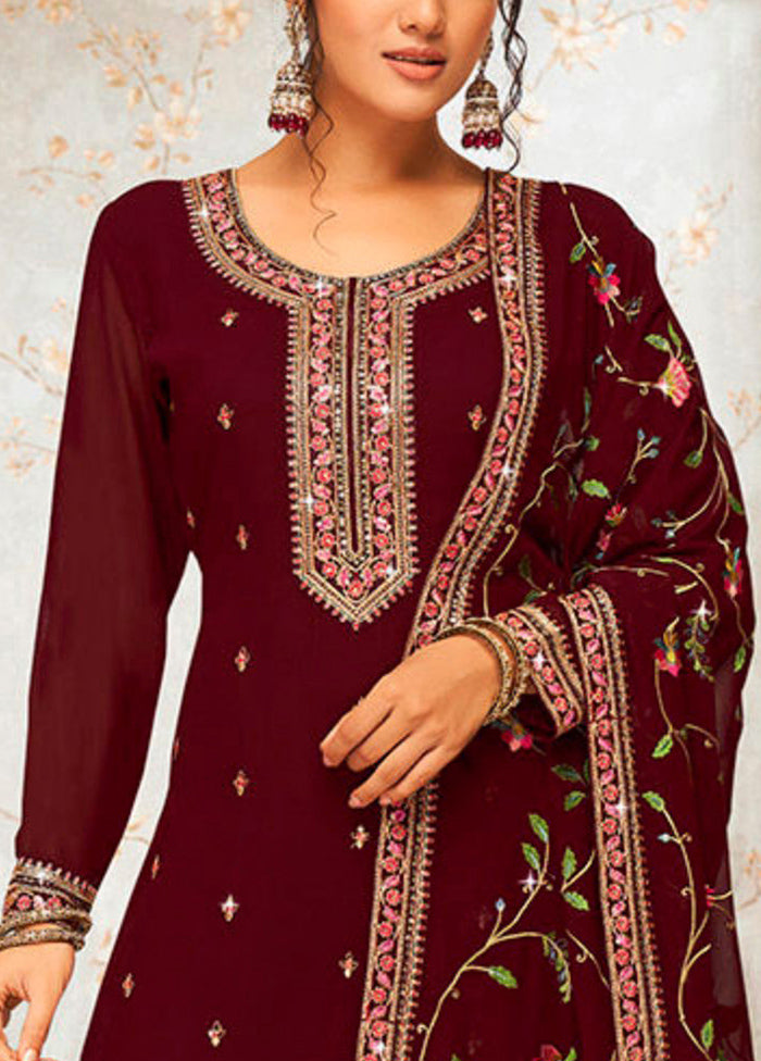 3 Pc Maroon Semi Stitched Georgette Suit Set Buy Cheap Free Shipping