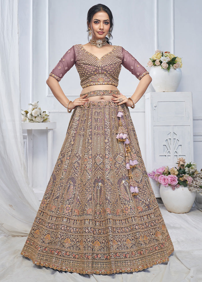 3 Pc Purple Net Semi Stitched Lehenga Set Discount Pay With Paypal