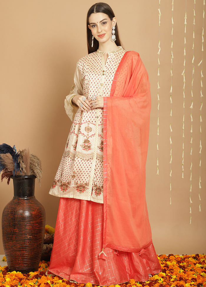 3 Pc Cream Unstitched Chanderi Suit Set Free Shipping Cheap Real