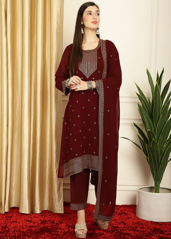 3 Pc Maroon Readymade Georgette Dupatta Suit Set Free Shipping Clearance Store