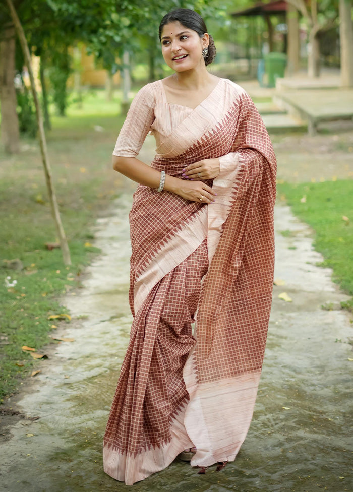 Brown Tussar Silk Saree With Blouse Piece Cheap Sale Manchester