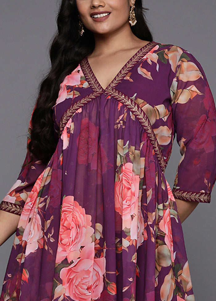 2 Pc Purple Readymade Georgette Kurti Set Discount Cheapest