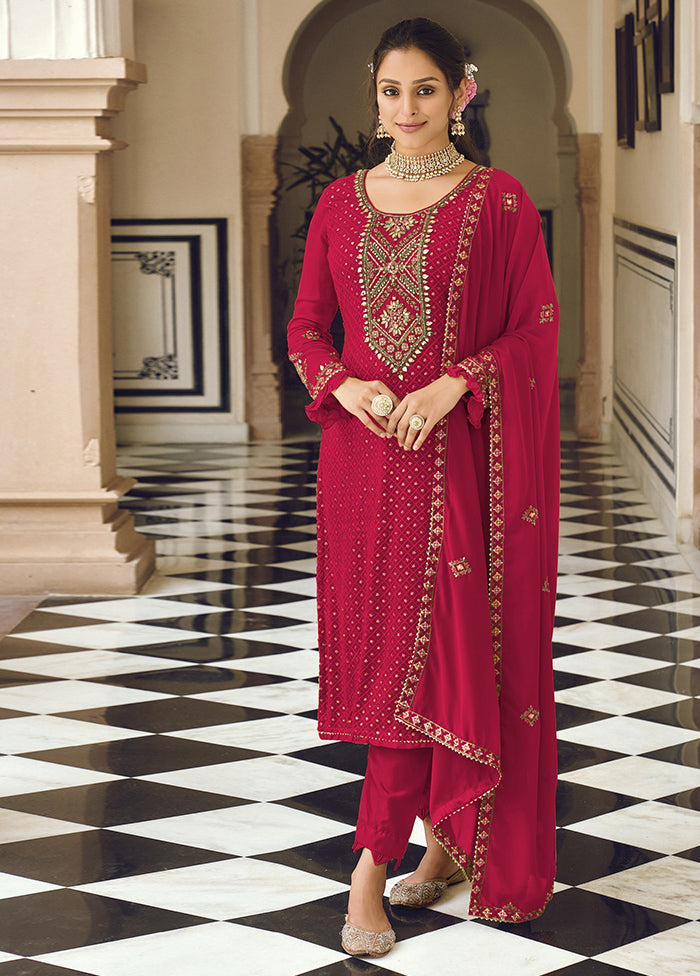 3 Pc Red Semi Stitched Georgette Suit Set Sale Amazing Pice