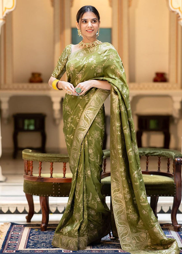 Mehendi Green Banarasi Silk Saree With Blouse Piece Cheap Sale The Cheapest